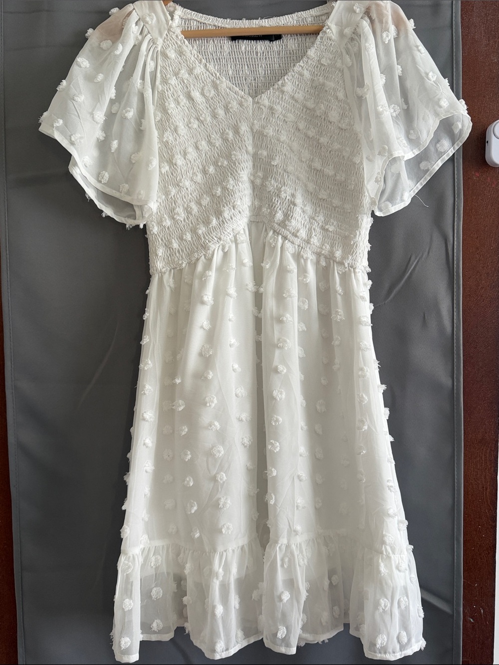 Women’s' White Textured Swiss Dot Dress with Flutter Sleeves